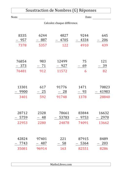 Soustraction des Nombres à 2, 3, 4 et 5 Chiffres (G) page 2