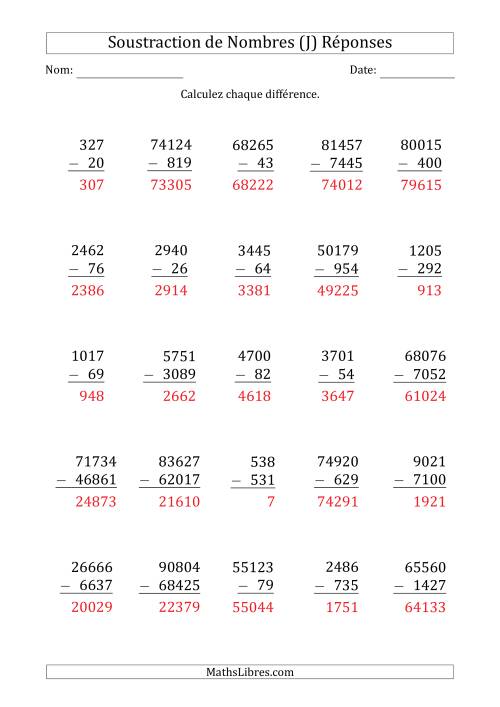Soustraction des Nombres à 2, 3, 4 et 5 Chiffres (J) page 2