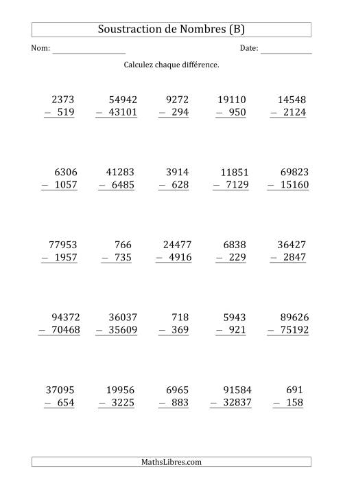 Soustraction des Nombres à 3, 4 et 5 Chiffres (B)