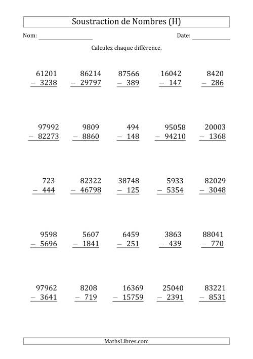 Soustraction des Nombres à 3, 4 et 5 Chiffres (H)