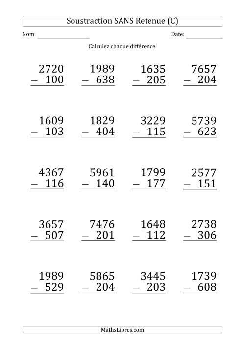 Soustraction d'un Nombre à 4 Chiffres par un Nombre à 3 Chiffres SANS retenue (Gros Caractère) (C)