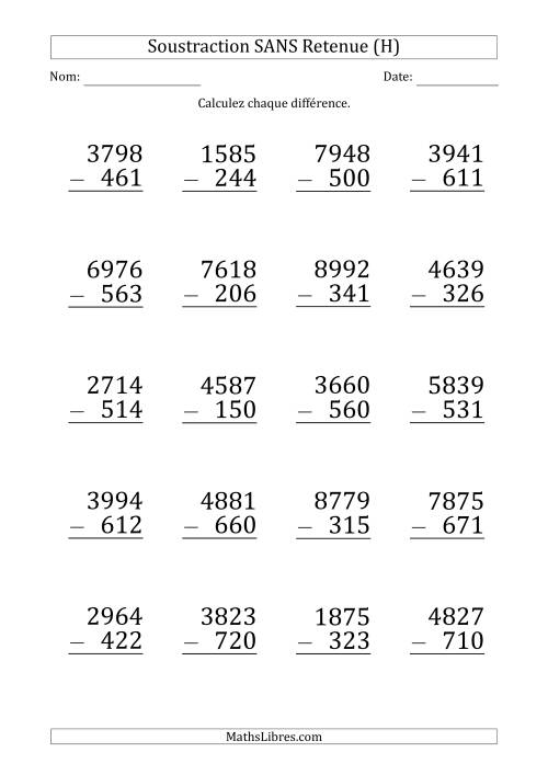 Soustraction d'un Nombre à 4 Chiffres par un Nombre à 3 Chiffres SANS retenue (Gros Caractère) (H)