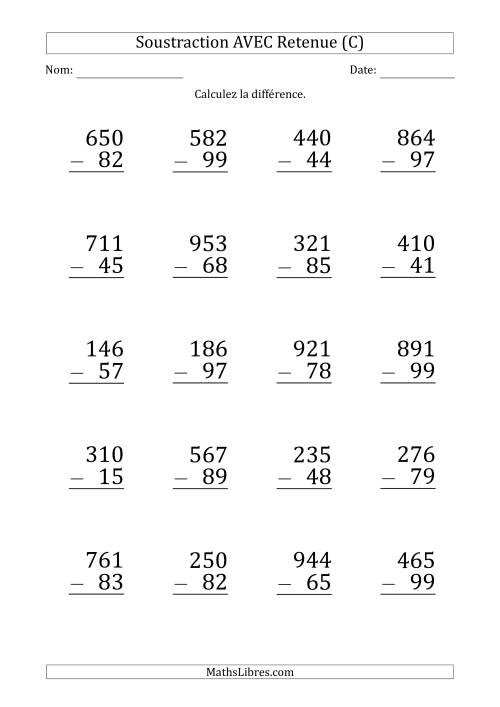Soustraction d'un Nombres à 3 Chiffres par un Nombre à 2 Chiffres AVEC retenue (Gros Caractère) (C)