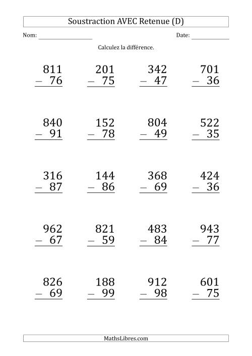 Soustraction d'un Nombres à 3 Chiffres par un Nombre à 2 Chiffres AVEC retenue (Gros Caractère) (D)