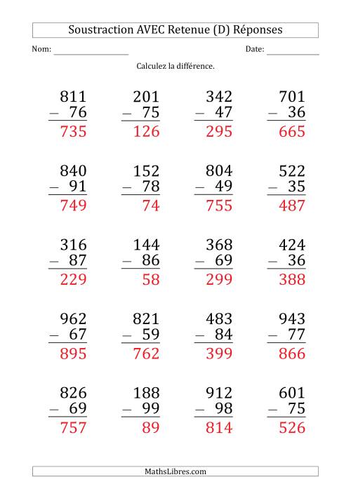 Soustraction d'un Nombres à 3 Chiffres par un Nombre à 2 Chiffres AVEC retenue (Gros Caractère) (D) page 2