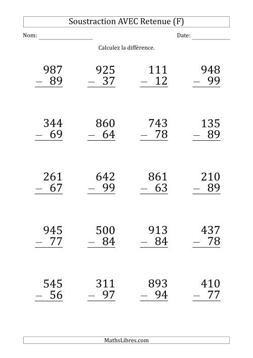 Soustraction d'un Nombres à 3 Chiffres par un Nombre à 2 Chiffres AVEC retenue (Gros Caractère) (F)