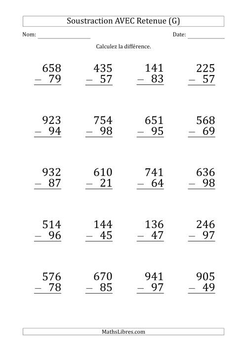 Soustraction d'un Nombres à 3 Chiffres par un Nombre à 2 Chiffres AVEC retenue (Gros Caractère) (G)