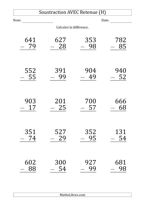 Soustraction d'un Nombres à 3 Chiffres par un Nombre à 2 Chiffres AVEC retenue (Gros Caractère) (H)