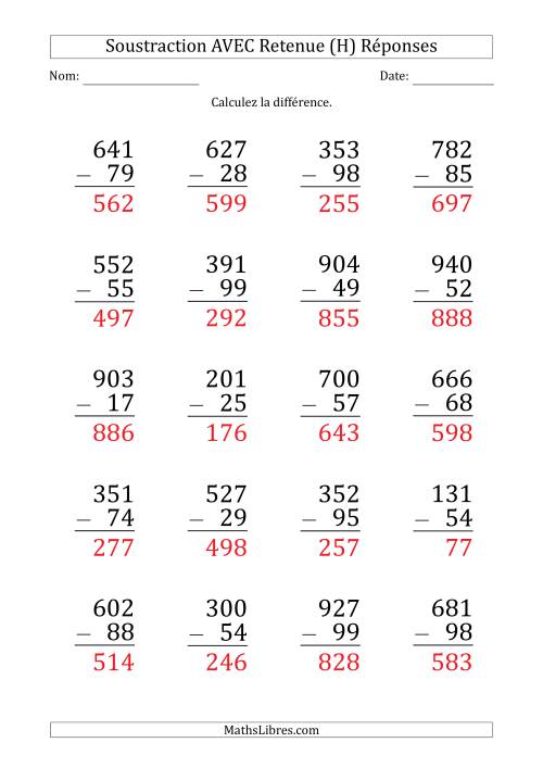 Soustraction d'un Nombres à 3 Chiffres par un Nombre à 2 Chiffres AVEC retenue (Gros Caractère) (H) page 2