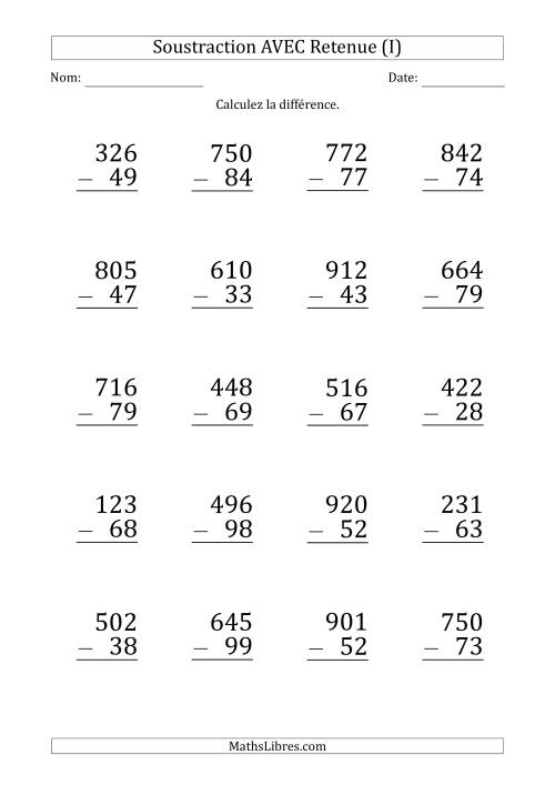 Soustraction d'un Nombres à 3 Chiffres par un Nombre à 2 Chiffres AVEC retenue (Gros Caractère) (I)