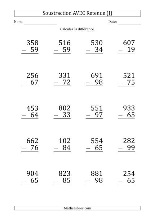 Soustraction d'un Nombres à 3 Chiffres par un Nombre à 2 Chiffres AVEC retenue (Gros Caractère) (J)