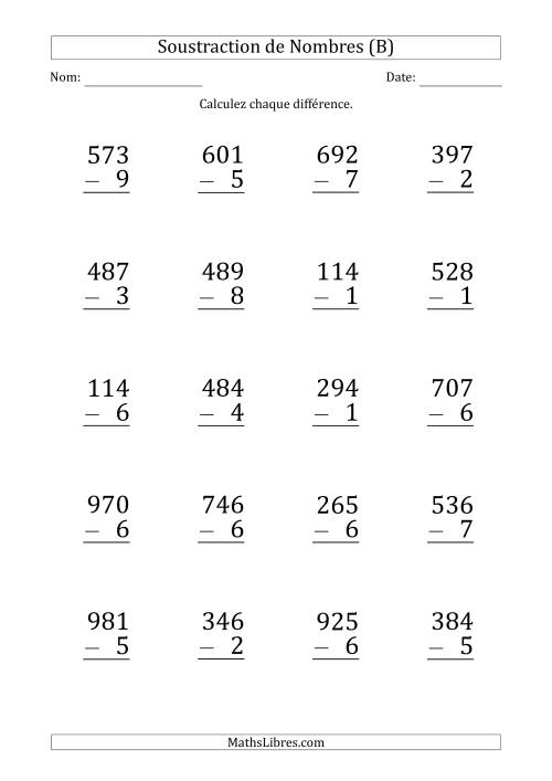 Soustraction d'un Nombre à 3 Chiffres par un Nombre à 1 Chiffre (Gros Caractère) (B)