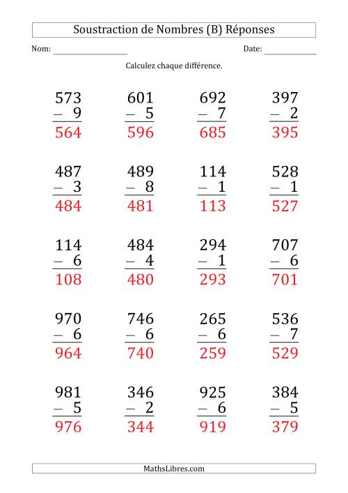 Soustraction d'un Nombre à 3 Chiffres par un Nombre à 1 Chiffre (Gros Caractère) (B) page 2