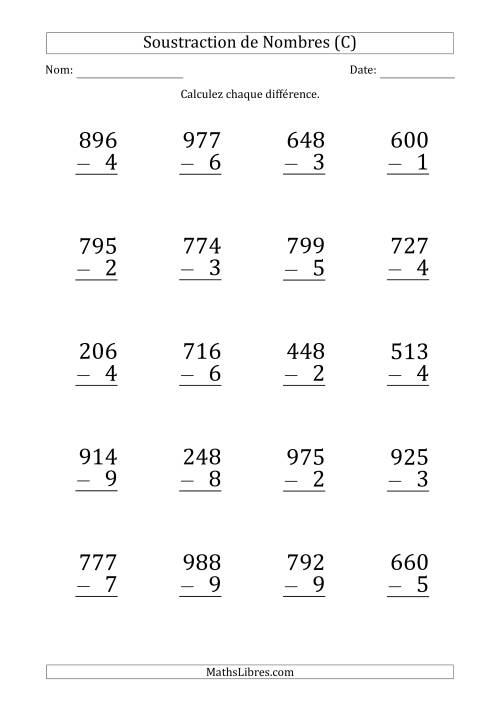 Soustraction d'un Nombre à 3 Chiffres par un Nombre à 1 Chiffre (Gros Caractère) (C)