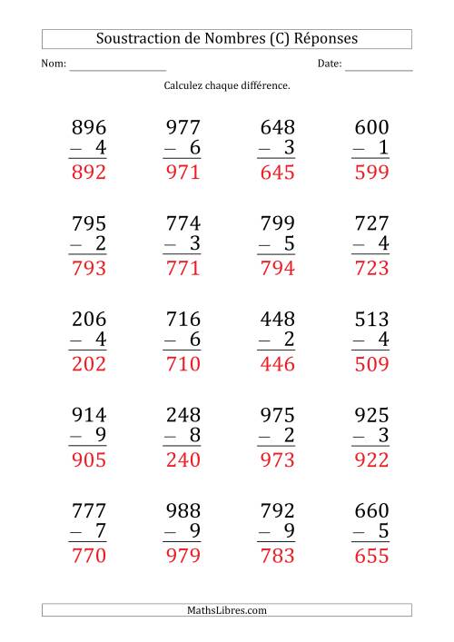 Soustraction d'un Nombre à 3 Chiffres par un Nombre à 1 Chiffre (Gros Caractère) (C) page 2