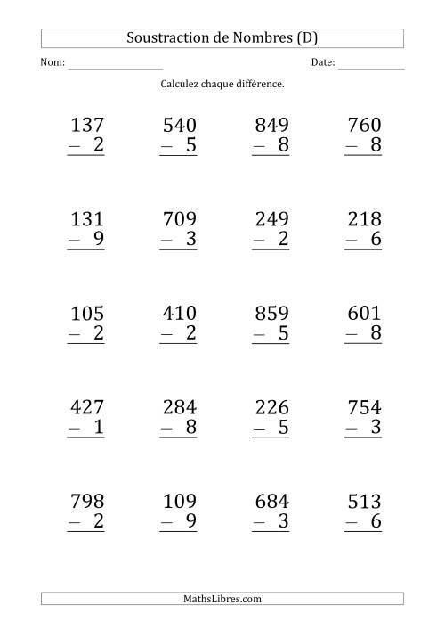 Soustraction d'un Nombre à 3 Chiffres par un Nombre à 1 Chiffre (Gros Caractère) (D)