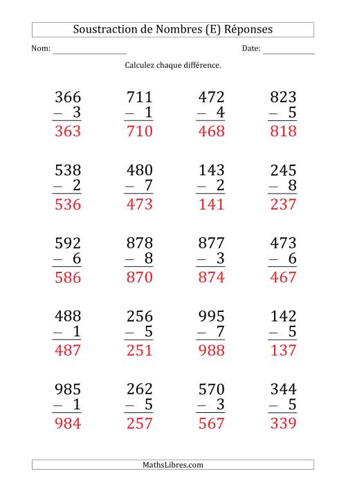 Soustraction d'un Nombre à 3 Chiffres par un Nombre à 1 Chiffre (Gros Caractère) (E) page 2