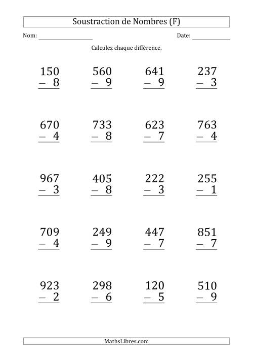 Soustraction d'un Nombre à 3 Chiffres par un Nombre à 1 Chiffre (Gros Caractère) (F)