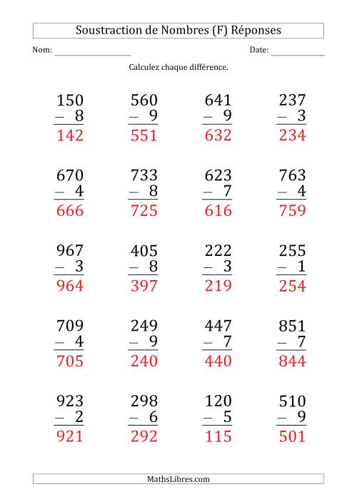 Soustraction d'un Nombre à 3 Chiffres par un Nombre à 1 Chiffre (Gros Caractère) (F) page 2