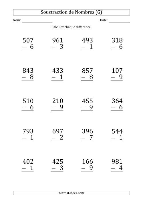 Soustraction d'un Nombre à 3 Chiffres par un Nombre à 1 Chiffre (Gros Caractère) (G)