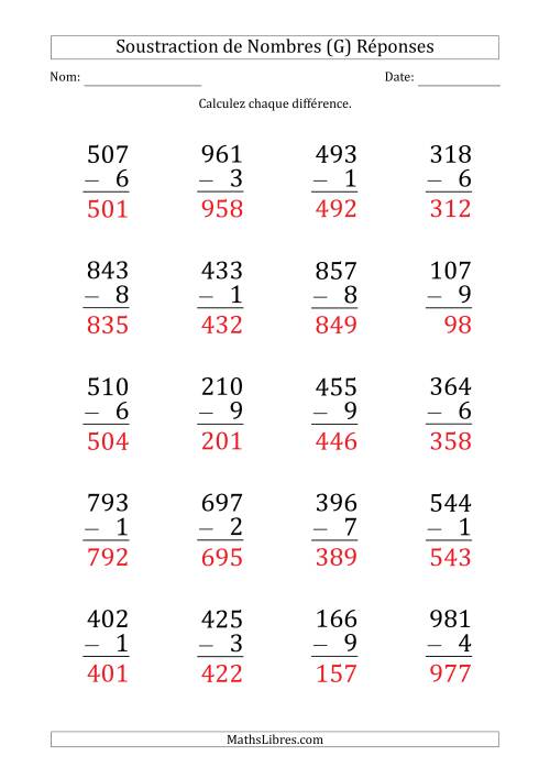 Soustraction d'un Nombre à 3 Chiffres par un Nombre à 1 Chiffre (Gros Caractère) (G) page 2