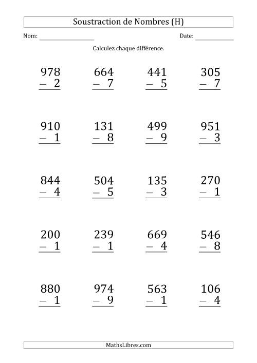 Soustraction d'un Nombre à 3 Chiffres par un Nombre à 1 Chiffre (Gros Caractère) (H)