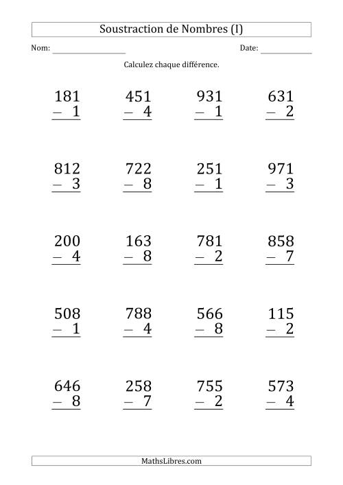 Soustraction d'un Nombre à 3 Chiffres par un Nombre à 1 Chiffre (Gros Caractère) (I)