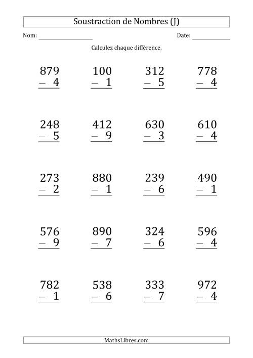 Soustraction d'un Nombre à 3 Chiffres par un Nombre à 1 Chiffre (Gros Caractère) (J)
