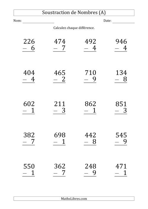 Soustraction d'un Nombre à 3 Chiffres par un Nombre à 1 Chiffre (Gros Caractère) (Tout)