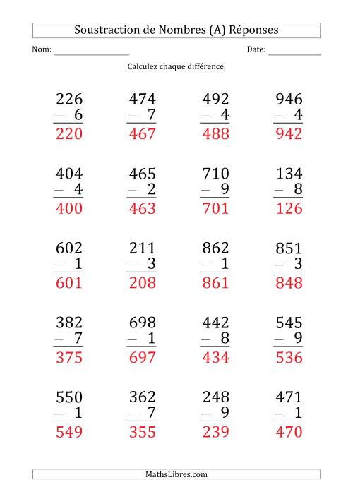 Soustraction d'un Nombre à 3 Chiffres par un Nombre à 1 Chiffre (Gros Caractère) (Tout) page 2