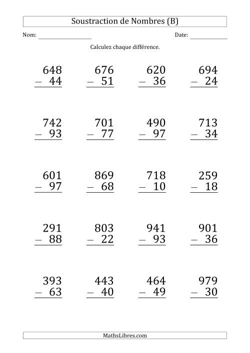 Soustraction d'un Nombre à 3 Chiffres par un Nombre à 2 Chiffres (Gros Caractère) (B)