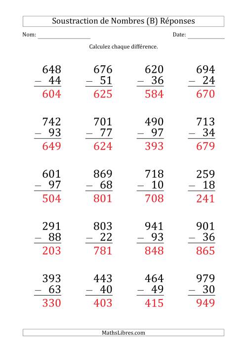 Soustraction d'un Nombre à 3 Chiffres par un Nombre à 2 Chiffres (Gros Caractère) (B) page 2