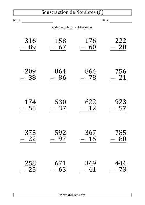 Soustraction d'un Nombre à 3 Chiffres par un Nombre à 2 Chiffres (Gros Caractère) (C)
