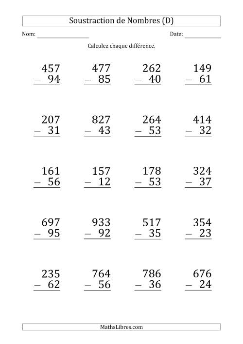 Soustraction d'un Nombre à 3 Chiffres par un Nombre à 2 Chiffres (Gros Caractère) (D)