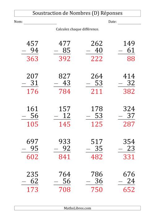 Soustraction d'un Nombre à 3 Chiffres par un Nombre à 2 Chiffres (Gros Caractère) (D) page 2