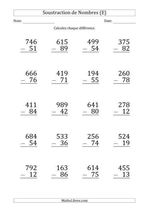 Soustraction d'un Nombre à 3 Chiffres par un Nombre à 2 Chiffres (Gros Caractère) (E)