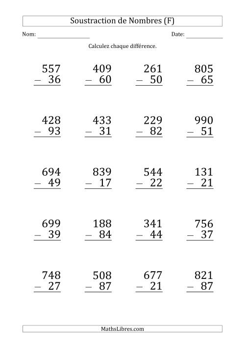 Soustraction d'un Nombre à 3 Chiffres par un Nombre à 2 Chiffres (Gros Caractère) (F)
