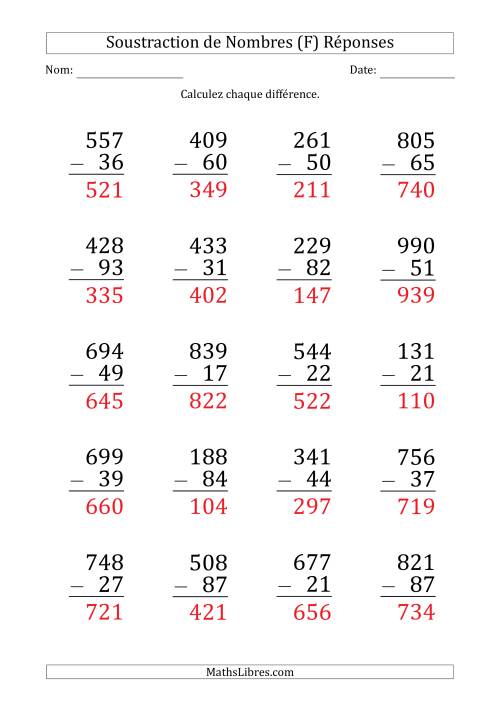 Soustraction d'un Nombre à 3 Chiffres par un Nombre à 2 Chiffres (Gros Caractère) (F) page 2