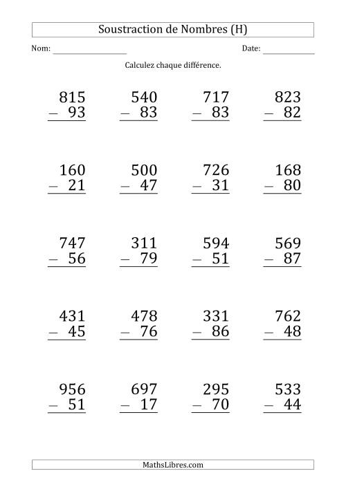 Soustraction d'un Nombre à 3 Chiffres par un Nombre à 2 Chiffres (Gros Caractère) (H)