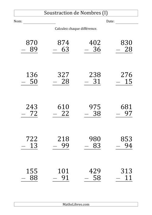 Soustraction d'un Nombre à 3 Chiffres par un Nombre à 2 Chiffres (Gros Caractère) (I)