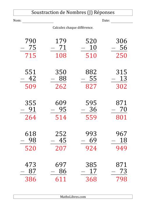Soustraction d'un Nombre à 3 Chiffres par un Nombre à 2 Chiffres (Gros Caractère) (J) page 2