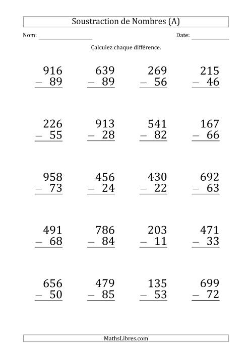 Soustraction d'un Nombre à 3 Chiffres par un Nombre à 2 Chiffres (Gros Caractère) (Tout)