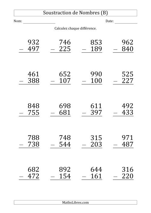 Soustraction d'un Nombre à 3 Chiffres par un Nombre à 3 Chiffres (Gros Caractère) (B)