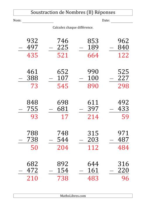 Soustraction d'un Nombre à 3 Chiffres par un Nombre à 3 Chiffres (Gros Caractère) (B) page 2