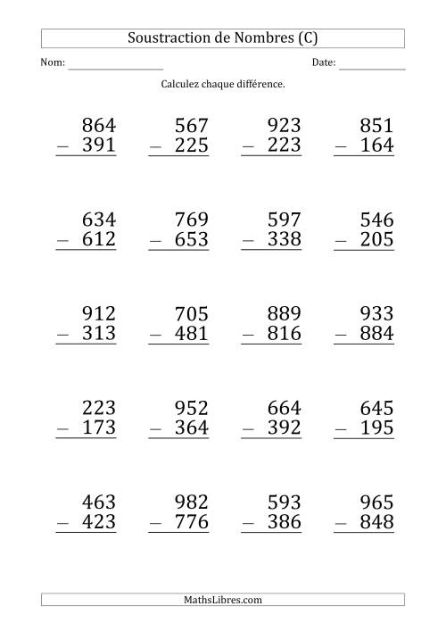 Soustraction d'un Nombre à 3 Chiffres par un Nombre à 3 Chiffres (Gros Caractère) (C)
