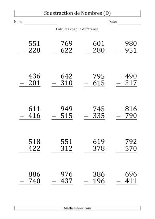 Soustraction d'un Nombre à 3 Chiffres par un Nombre à 3 Chiffres (Gros Caractère) (D)