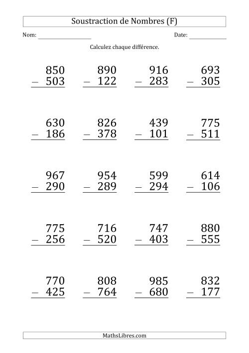 Soustraction d'un Nombre à 3 Chiffres par un Nombre à 3 Chiffres (Gros Caractère) (F)