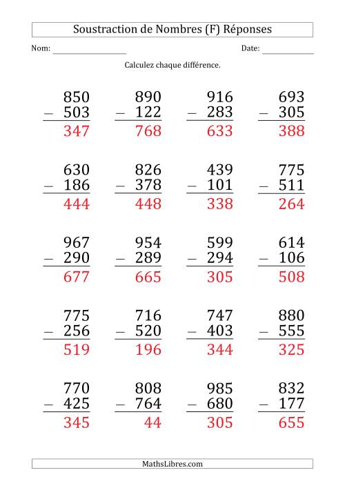 Soustraction d'un Nombre à 3 Chiffres par un Nombre à 3 Chiffres (Gros Caractère) (F) page 2