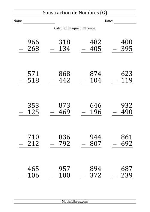 Soustraction d'un Nombre à 3 Chiffres par un Nombre à 3 Chiffres (Gros Caractère) (G)