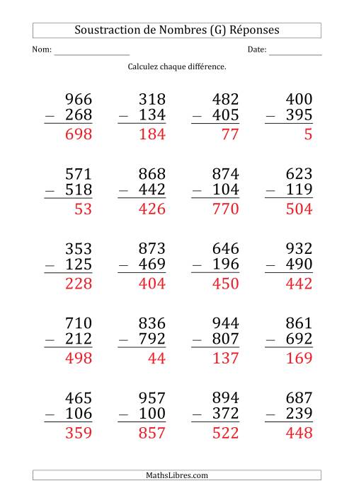 Soustraction d'un Nombre à 3 Chiffres par un Nombre à 3 Chiffres (Gros Caractère) (G) page 2